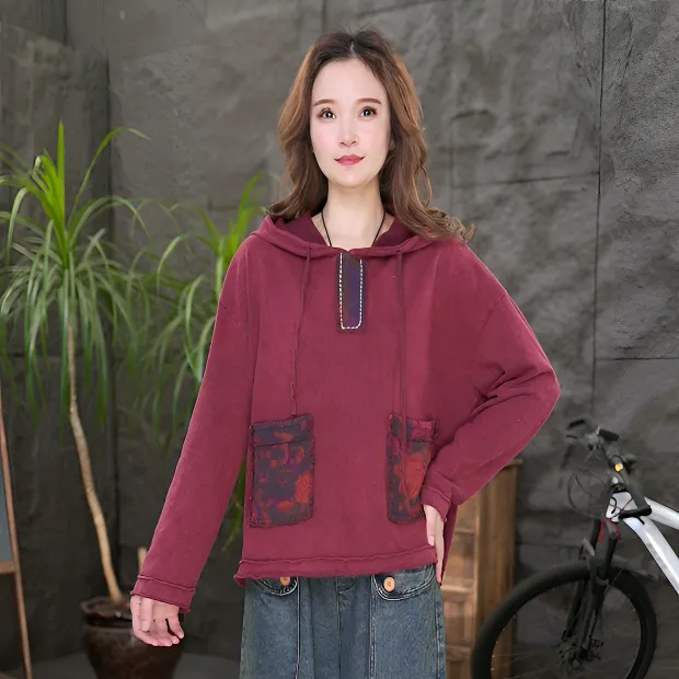 【秋装纯棉连帽卫衣】复古百搭女装长袖100%棉宽松带帽上衣
