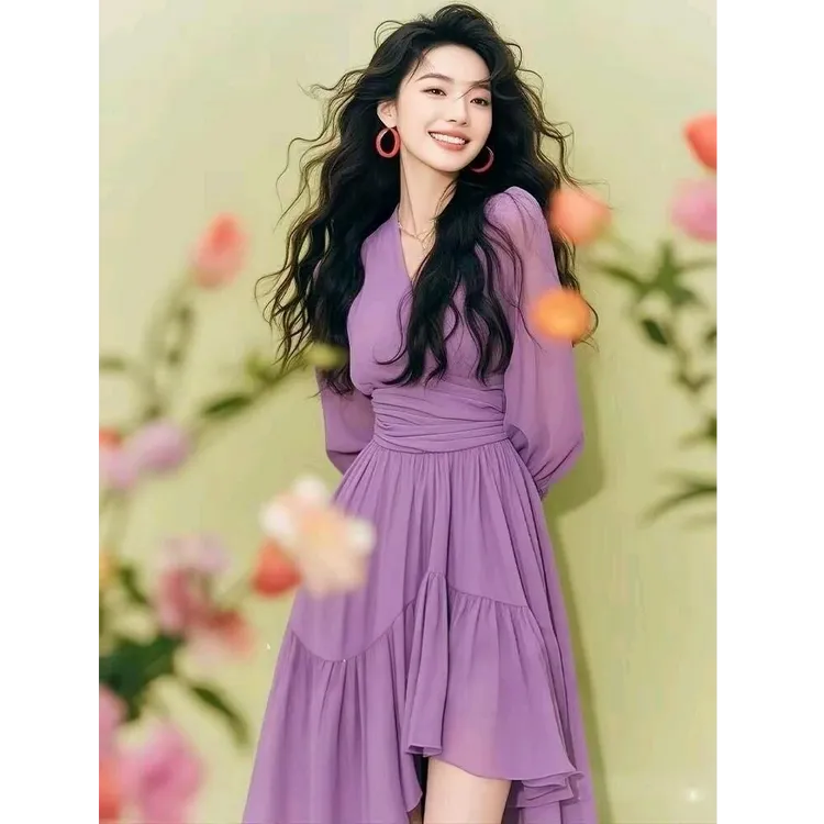 今年流行爆款法式收腰裙子女早春不规则下摆长袖紫色雪纺连衣裙