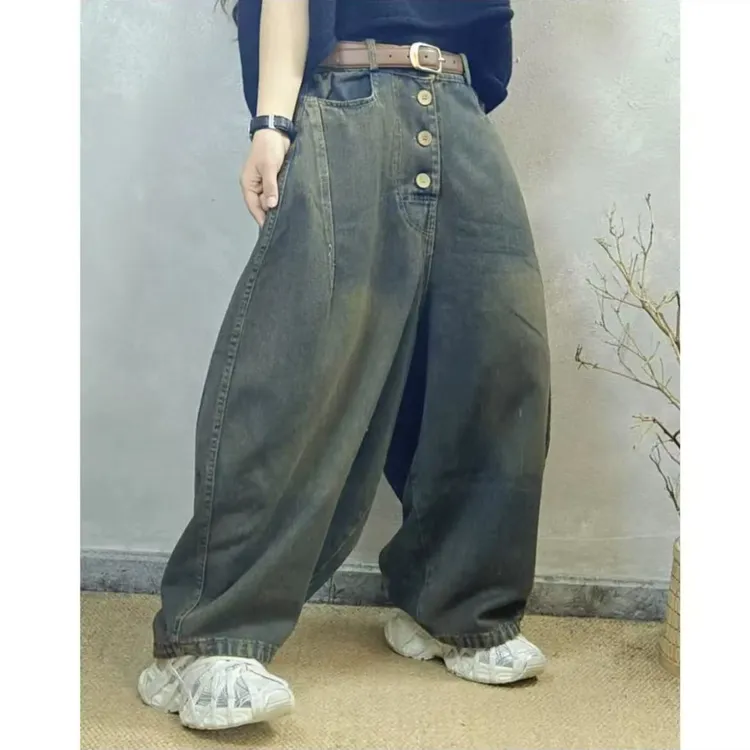 春季新品薄款炒色百搭做旧弯刀宽松牛仔裤（裤长89臀围138）