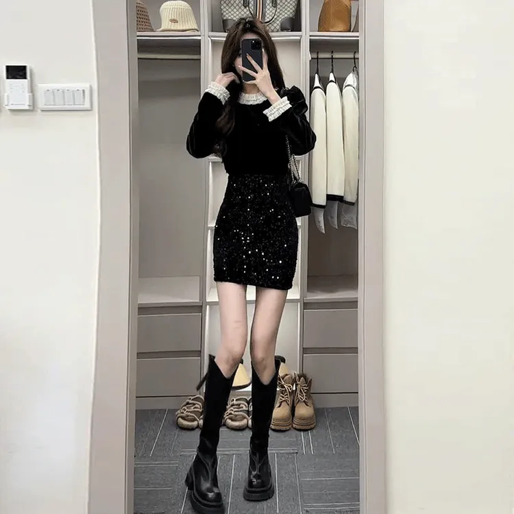 网红时尚气质小个子高腰显瘦亮片短裙2025秋冬新款黑色丝绒半身裙