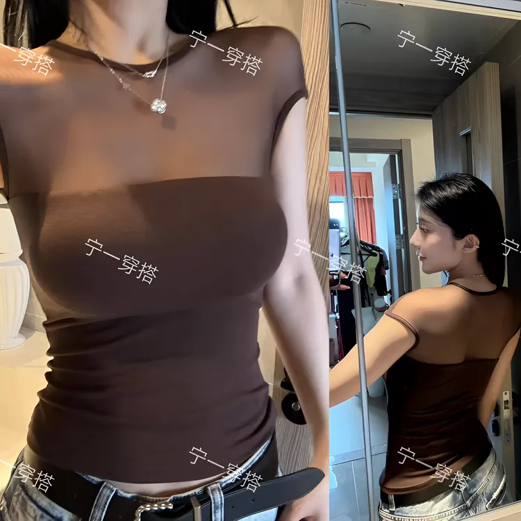 NY7039 修身无袖背心女夏网纱拼接显瘦辣妹风上衣宁一带胸垫内搭