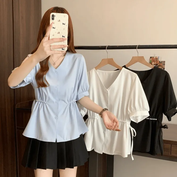 大码女装2025夏季新款珍珠收腰单排扣短袖衬衫上衣