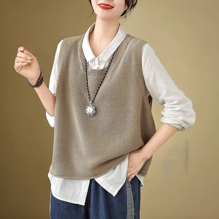 加厚棉线大码背心宽松显瘦马夹女2024春秋套头针织衫纯色休闲马甲