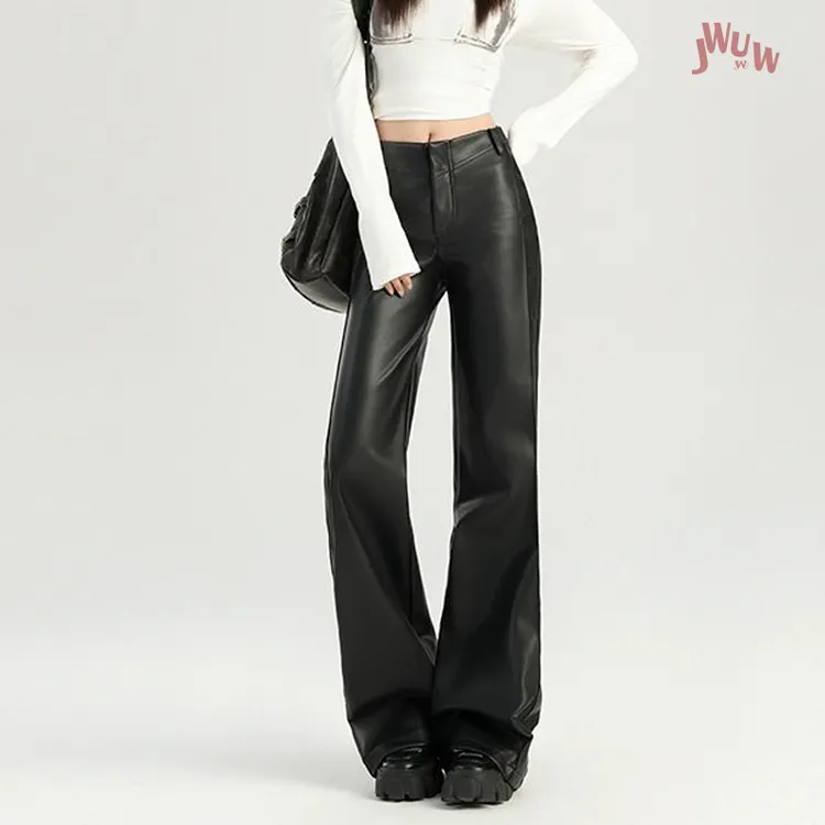 JWUW秋冬季新款美式街头PU修身显瘦休闲微喇皮裤女直筒拖地长裤