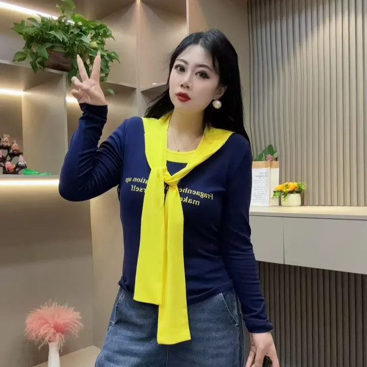 秋季打底衫-甜 5092洋气时尚拼接撞色字母带披肩胖MM大码女装新款