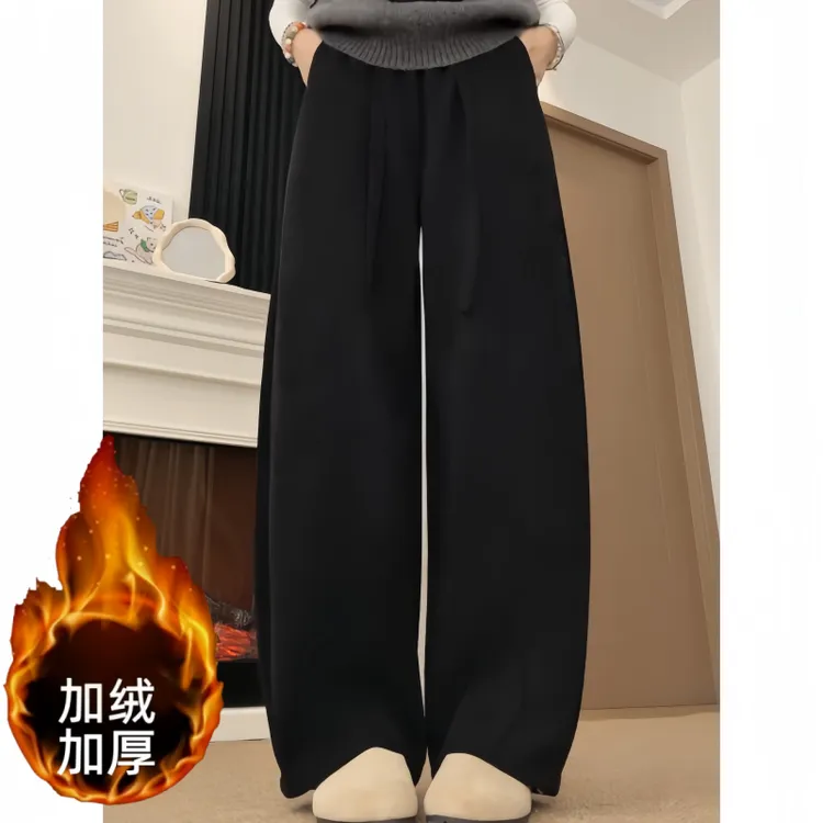 冬季设计感阔腿高腰复古显瘦韩系宽松休闲风气质风加绒加厚休闲裤