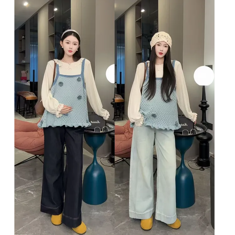 孕妇秋冬韩系宽松吊带马甲上衣显瘦减龄蕾丝甜美长袖潮妈两件秋装