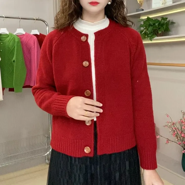 设计感复古红色毛衣外套2025秋冬新款百搭休闲宽松针织衫上衣女