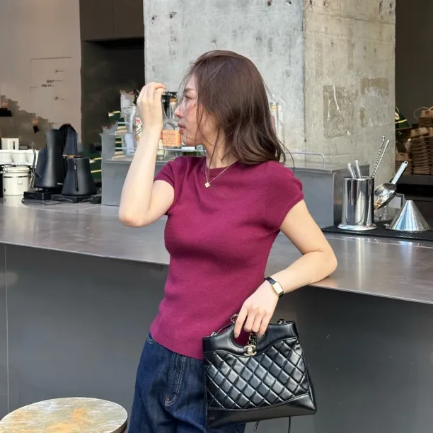 【天鹅针织】MEGANLE 圆领小飞袖修身弹力打底针织上衣2024466