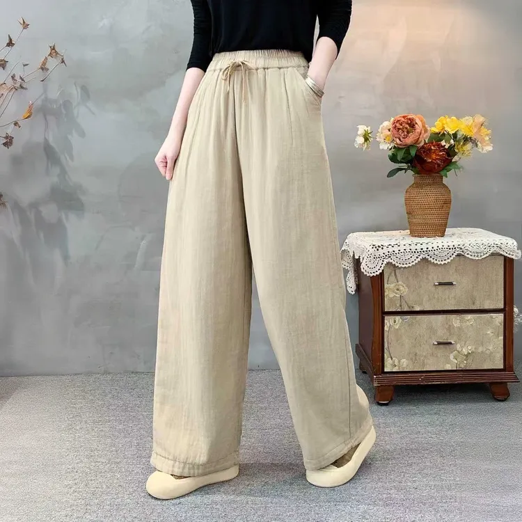 工厂2025冬季新款加绒加厚双层纱阔腿裤女文艺复古宽松休闲直筒裤