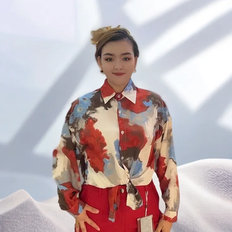 常规翻驳领不起球印花青年衬衫中长气质修身休闲时尚秋季长袖