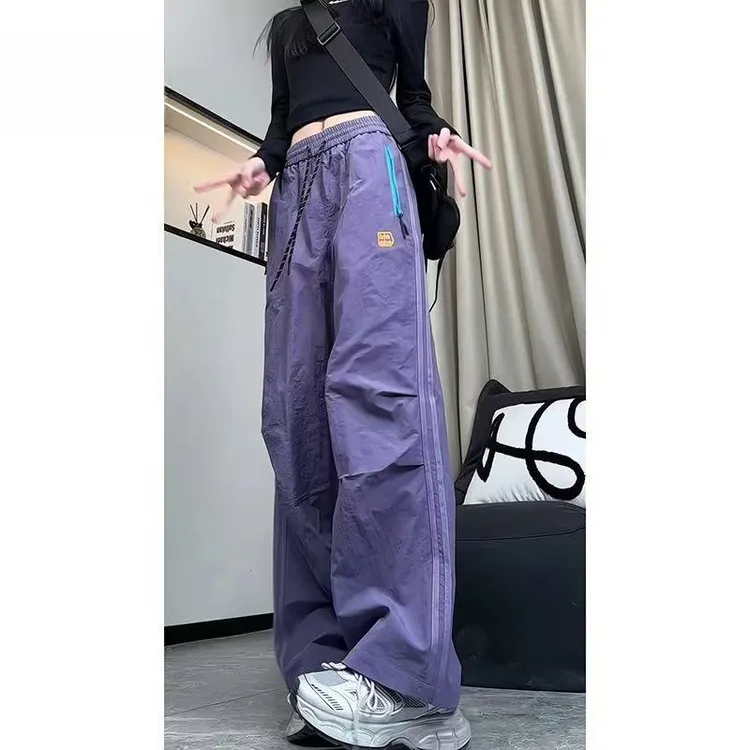 撞色拉链潮牌中性风裤子春秋季运动速干压褶伞兵裤直筒宽松裤子男
