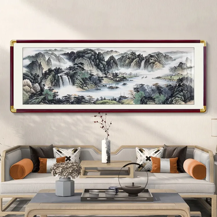 聚财流水生财风景画客厅沙发背景墙装饰办公室挂画字画山水靠山图