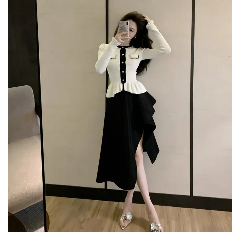 法式小香风精致钉珠设计小个子绝美上衣赫本风不规则设计半身裙