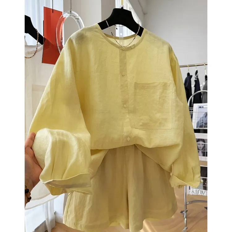高级感苎麻长袖衬衫+短款两件套时尚套装女夏日绝美穿搭一整套薄