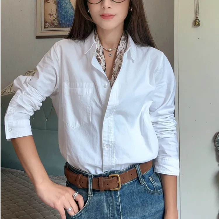 织带款衬衫女时尚工装风小特点百搭白色休闲纯色商务春秋长袖