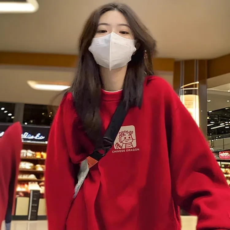 红色龙年本命年衣服加绒圆领慵懒风卫衣女秋冬2025新款加厚大红