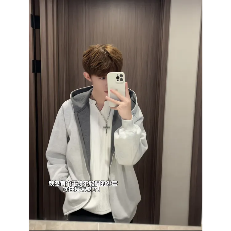 美式重磅拼色开衫卫衣男款秋季港风廊形情侣连帽衫深灰色休闲外套
