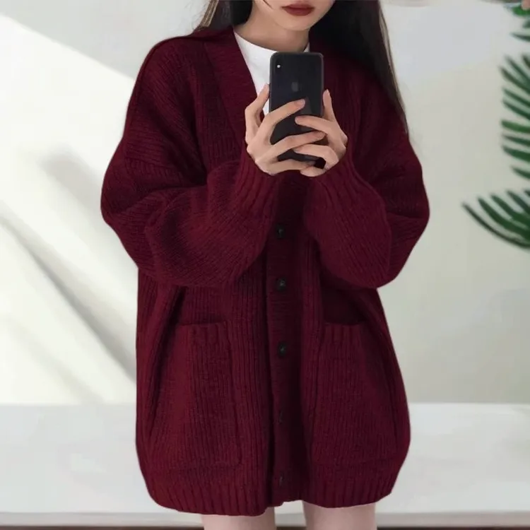 圣诞新年宽松V领开衫毛衣女2025秋款中长款慵懒风软糯针织衫外套