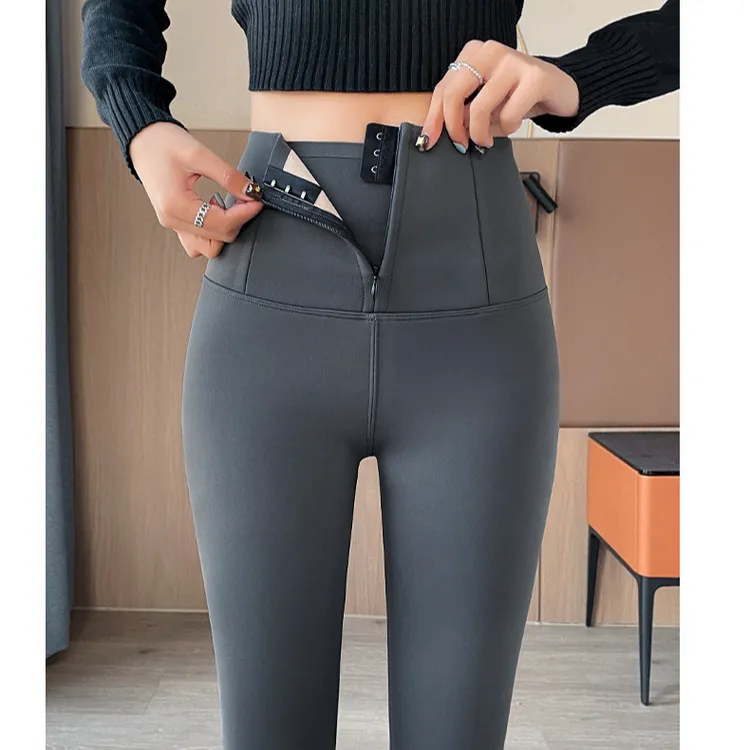 秋冬季加绒拉链收腹提臀高腰紧身打底外穿瑜伽鲨鱼裤裤子女白色