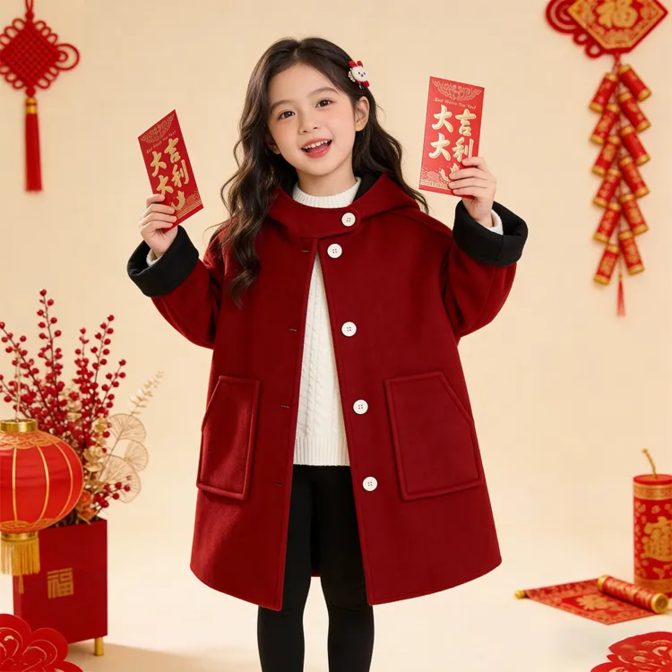 拜年服呢大衣外套中长款洋气红色加厚中大童冬季小女孩男孩双面穿