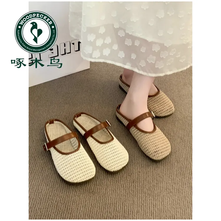 啄木鸟法式渔网镂空勃肯包头半拖鞋女夏外穿2025新款一脚蹬凉拖鞋