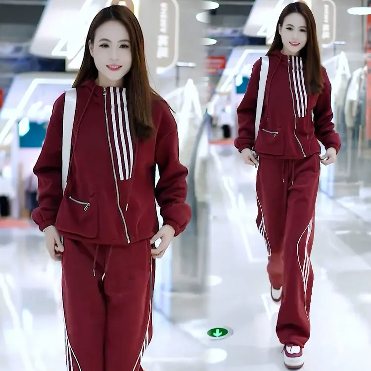 休闲运动套装女2025春季新款时尚洋气不规则条纹卫衣阔腿裤两件套