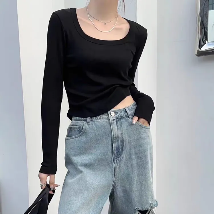 百搭纯色U领长袖T恤女秋冬新款简约内搭打底衫修身显瘦纯棉上衣