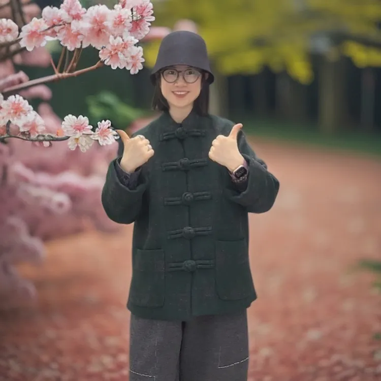 新思维手工盘扣羊毛立领短外套中式洋气时尚百搭中国风长袖