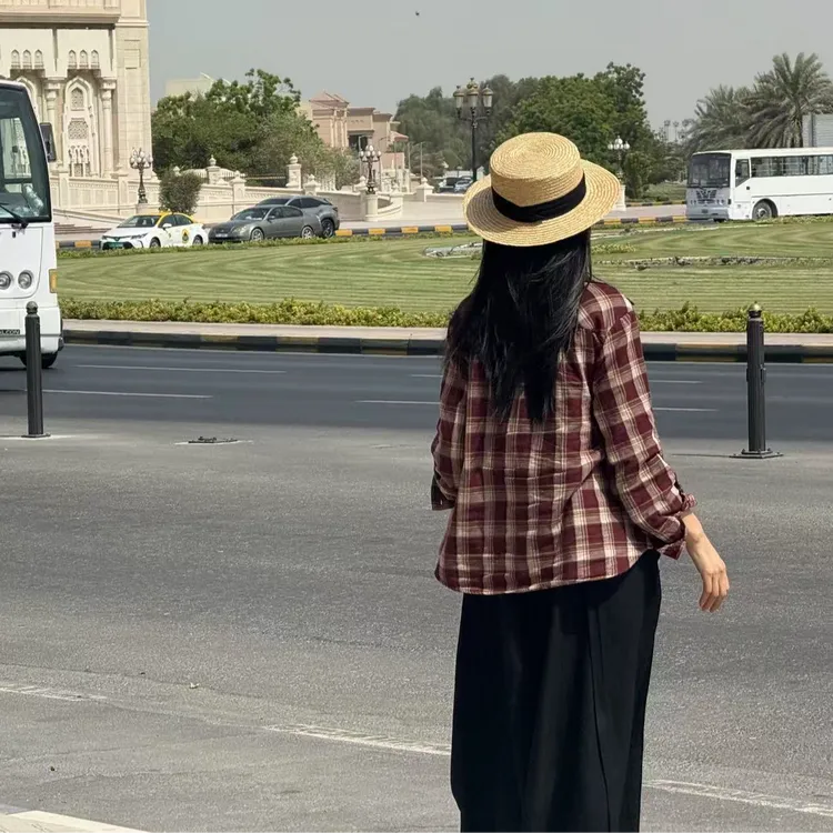 D191-1-格纹格子休闲风文艺风长袖衬衫上衣欧若新中式