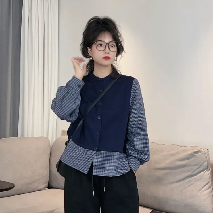 新款宽松洋气小个子休闲假两件格子长袖衬衫