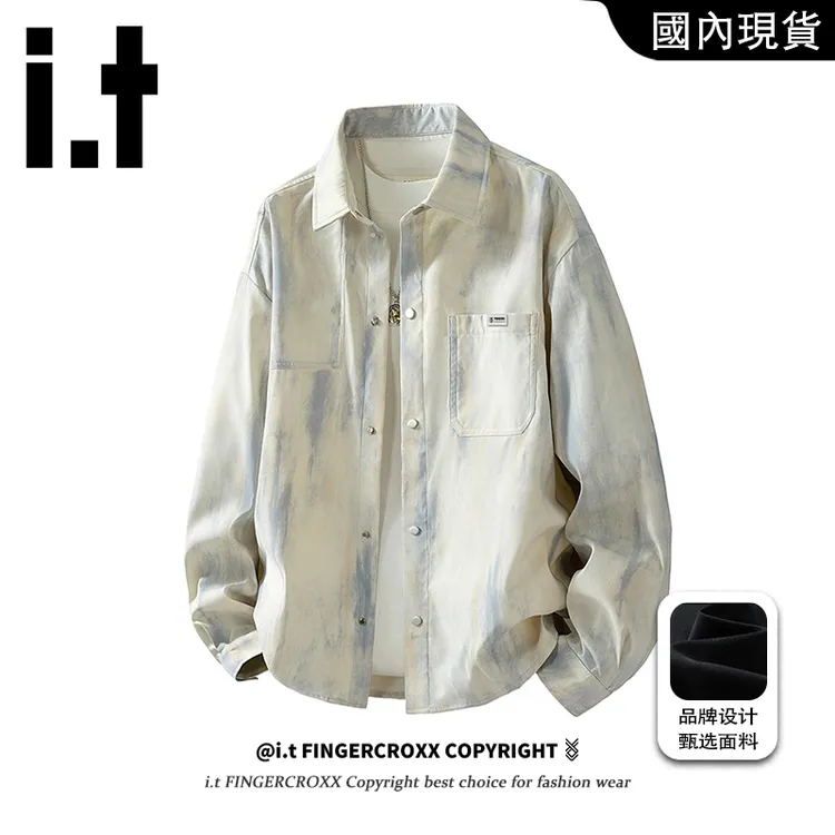 i.t FINGERCROXX秋季男士美式扎染翻领衬衫复古宽松潮牌百搭衬衫