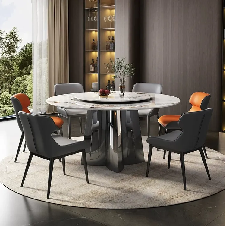 意式轻奢岩板餐桌椅组合高档现代简约客厅小户型圆形吃饭桌带转盘