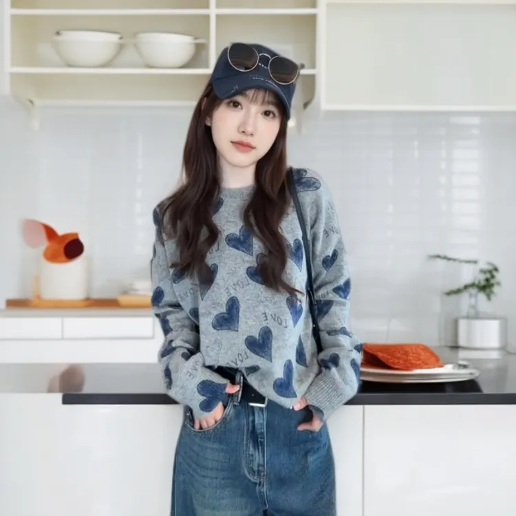 长袖针织衫女设计减龄爱心百搭字母毛衣老钱慵懒风气质宽松氛围感