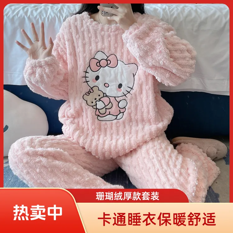 卡通猫珊瑚绒睡衣女2025冬季新款加绒加厚家居服冬季保暖长袖套装