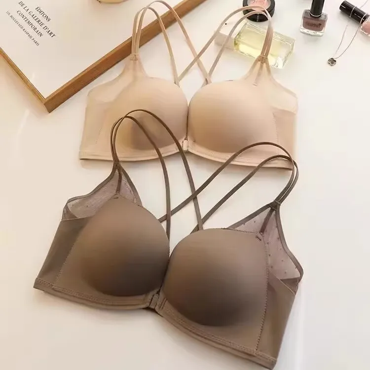 交叉聚拢美背内衣女夏小胸显大无痕前扣无钢圈收副乳防下垂文胸罩