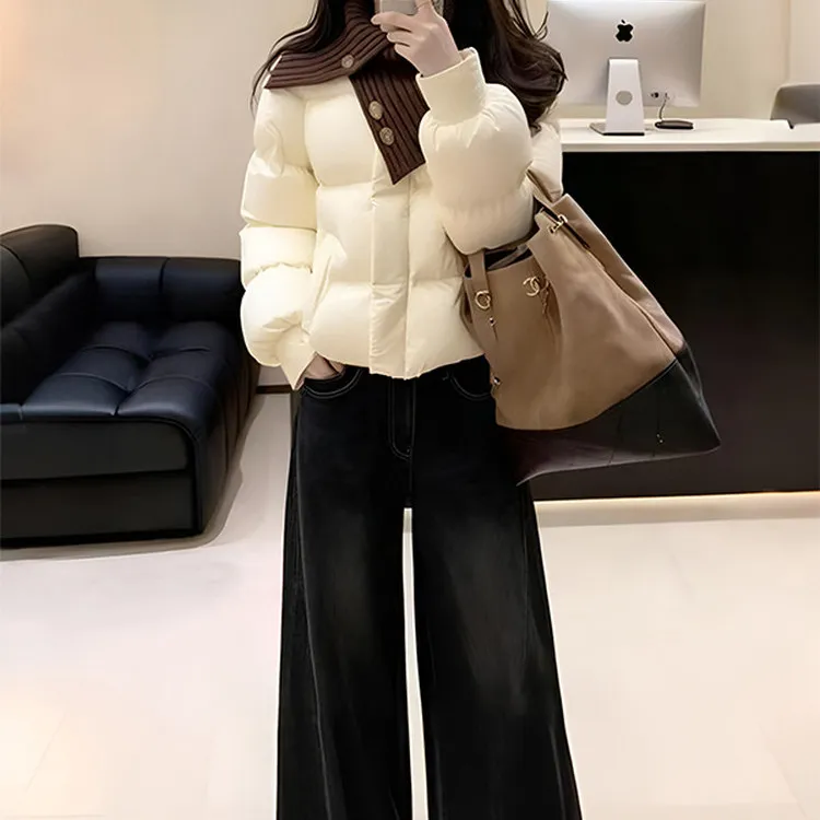 气质一整套ootd穿搭超好看的白色立领棉服上衣牛仔裤两件套装冬季