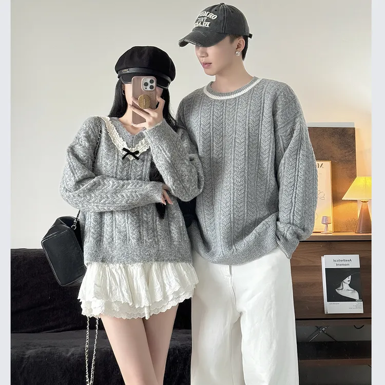 情侣装秋冬季新款小众设计感韩系慵懒风宽松毛衣法式针织衫外套潮