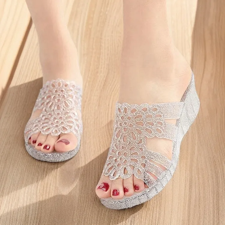 新款水晶塑料坡跟厚底女夏季凉拖鞋露趾防滑防臭轻便室内外凉拖鞋