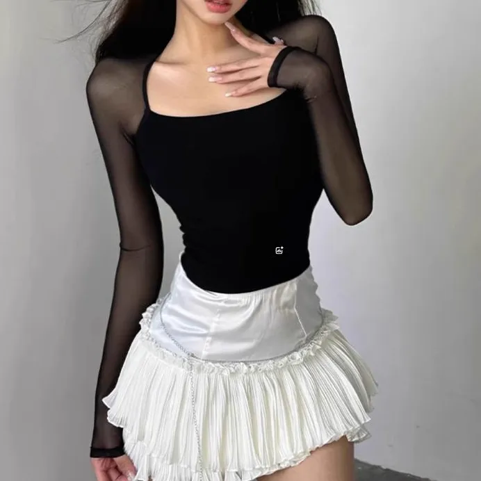 2025秋新款纯欲辣妹性感网纱微透方领长袖小众别致设计T恤女上衣