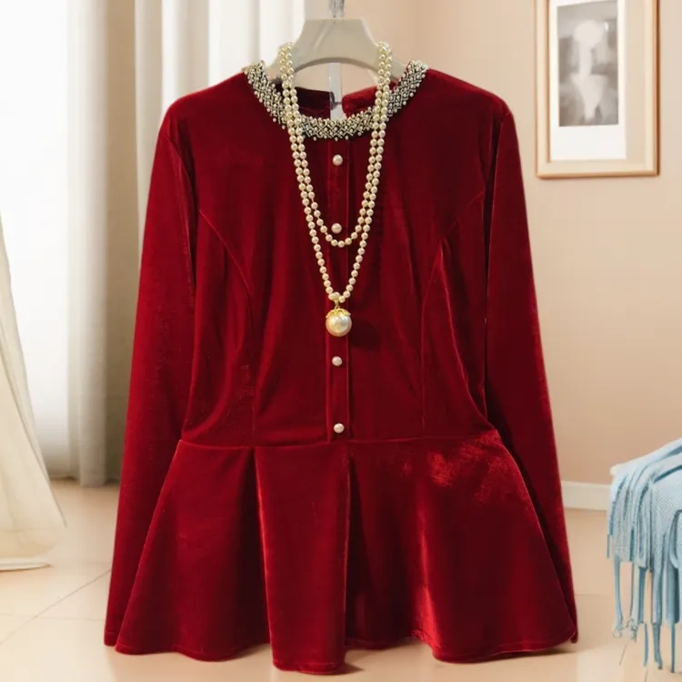 DN秋冬新款重工钉珠丝绒收腰小衫上衣