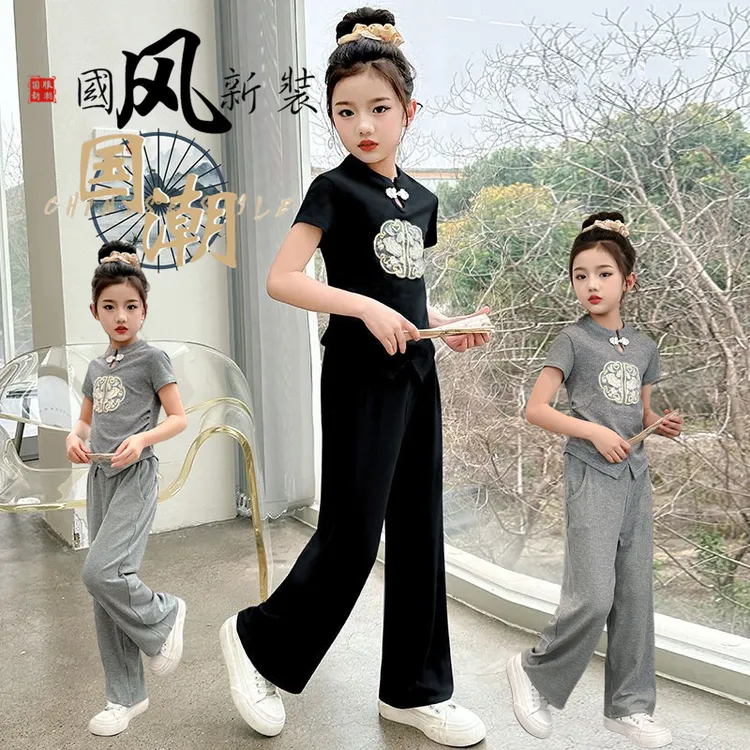 女童国风套装夏季洋气时髦中大童新中式盘扣T恤阔腿裤休闲两件套