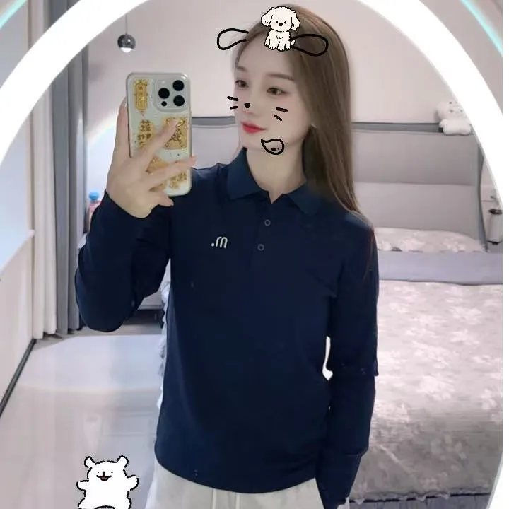【冰心姐姐】2025春秋新款长袖正肩纽扣翻领POLO衫女修身减龄休闲舒适内搭棉T