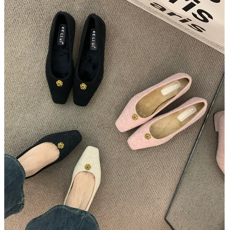 法式高级小众深灰毛呢单鞋女鞋子2025秋冬低跟气质尖头晚晚小皮鞋