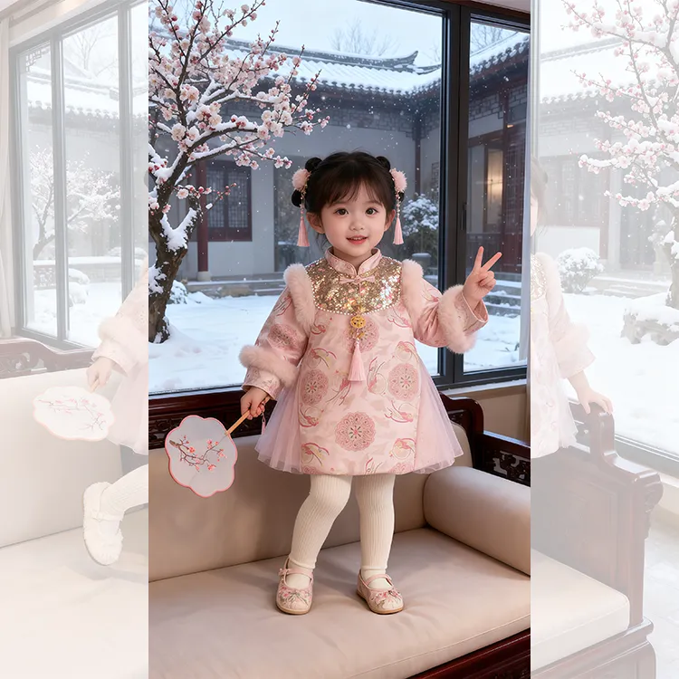女童拜年服夹棉2025新款冬装公主裙旗袍小童女宝宝周岁洋气礼服潮