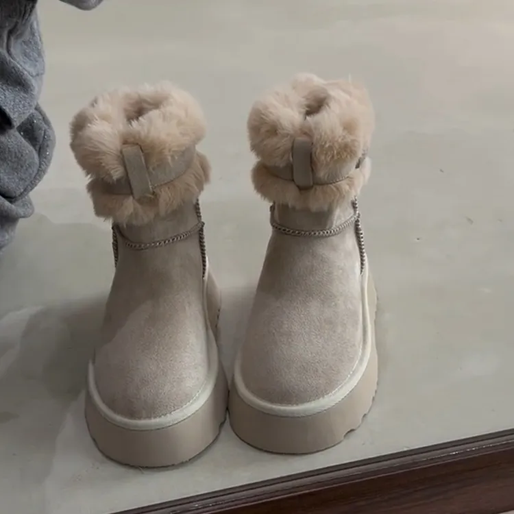 5CM增高厚底雪地靴女复古皮毛一体短靴冬季加绒保暖东北毛毛棉鞋