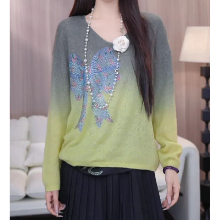 TCH秋冬时尚休闲风烫钻淑女绿色针织衫T75C09E5139轻奢tch上衣