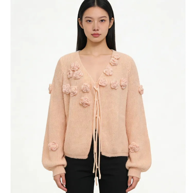 【花蜜花海】秋冬新款手工立体钩花V领软糯时尚女毛针织衫W1128