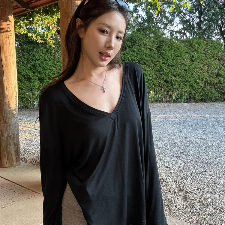 V领长袖打底衫女2025春季新款慵懒宽松薄款性感显瘦百搭T恤上衣