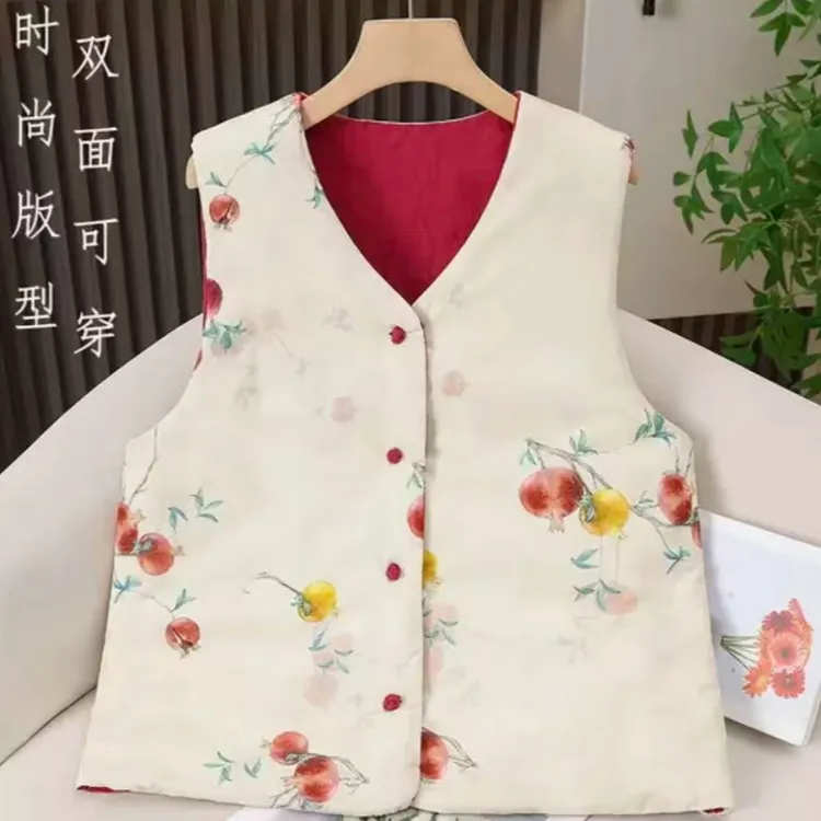 万事顺遂~国风新中式双面穿印花V领马甲加厚文艺保暖上衣10